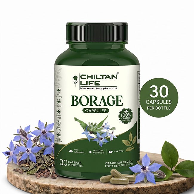 Mankind Borage Capsules 500mg bottle with 30 tablets visible