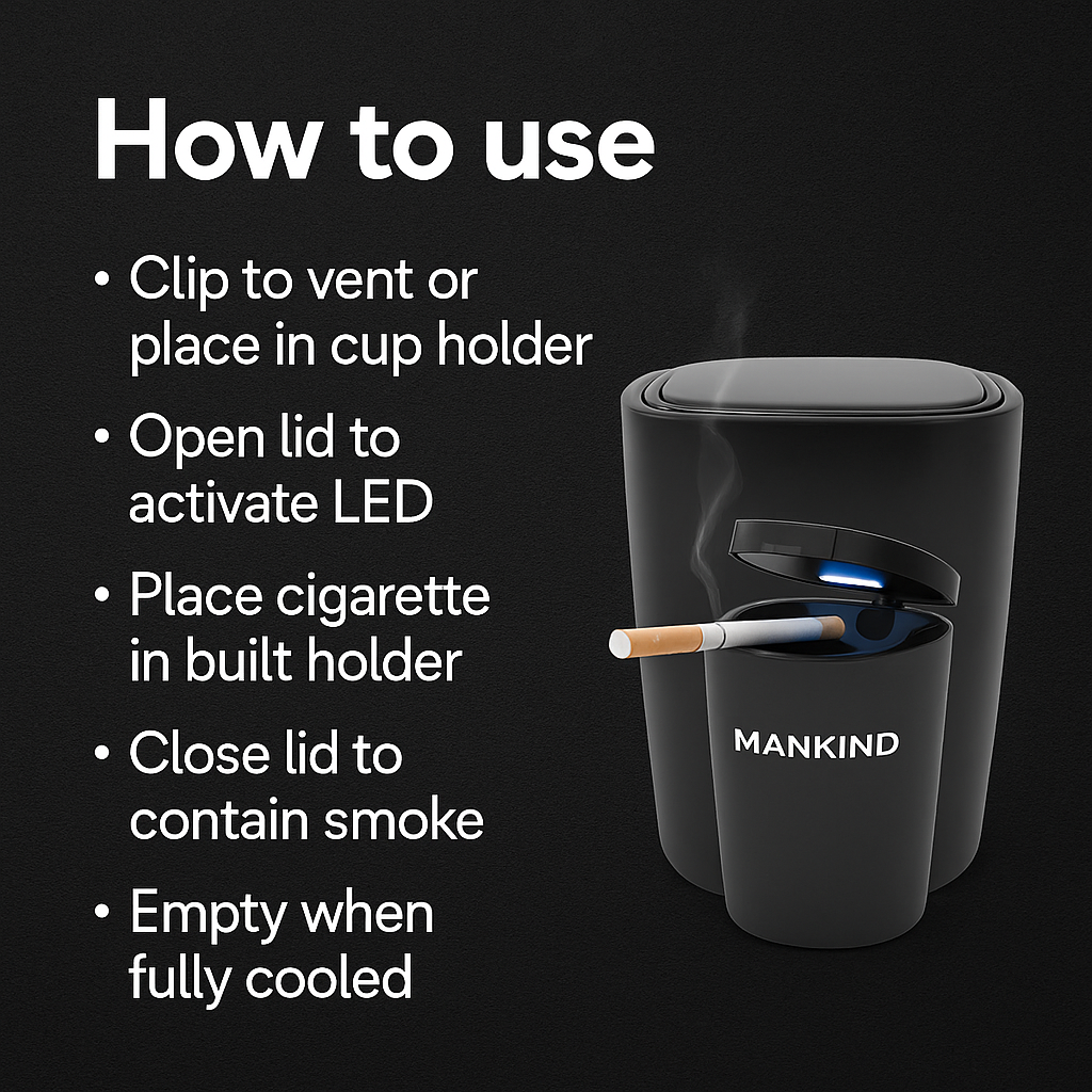Mankind car ashtray showing open lid and LED