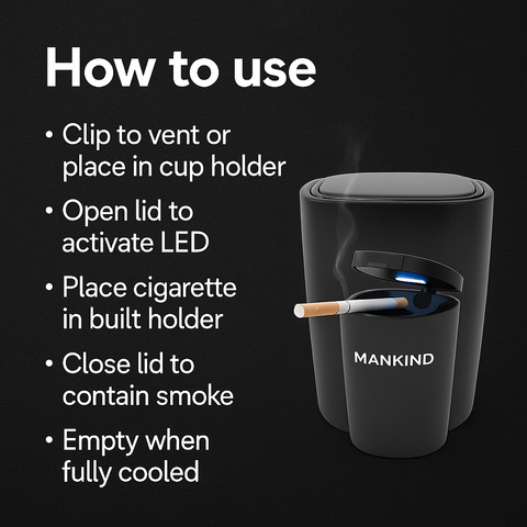 Mankind car ashtray showing open lid and LED