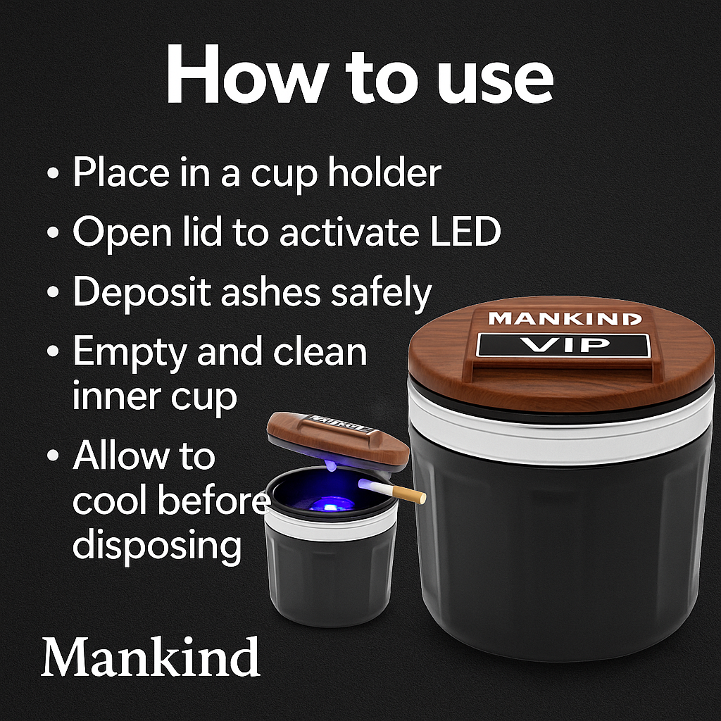 Mankind car ashtray demonstrating use steps