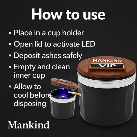 Mankind car ashtray demonstrating use steps