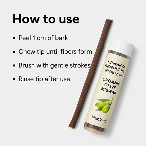 Mankind miswak showing peeled tip and brushing method