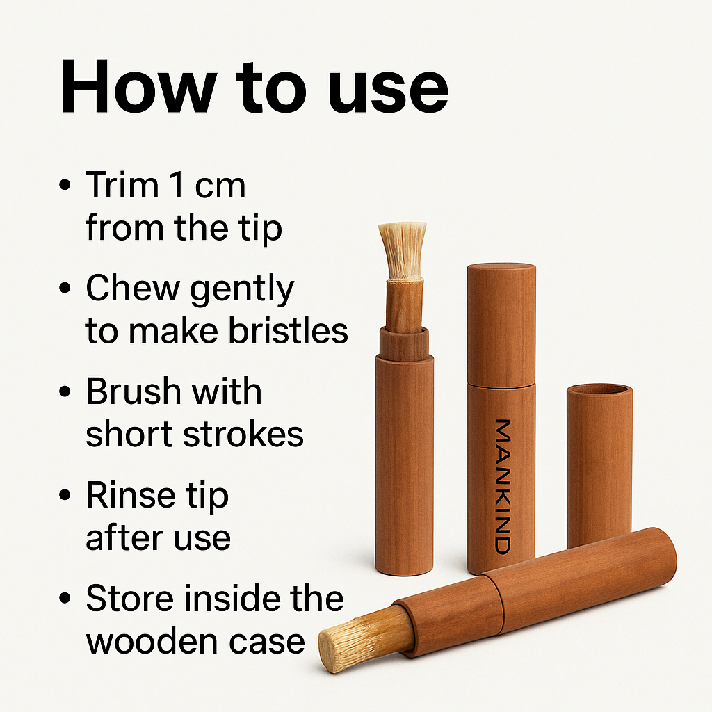 Mankind miswak and wooden case showing usage steps