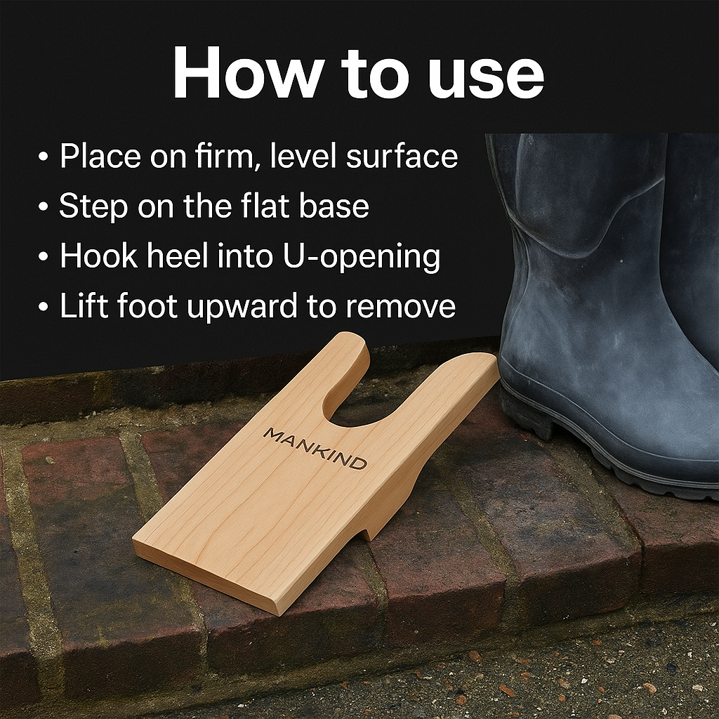 Mankind wooden boot jack showing how to use