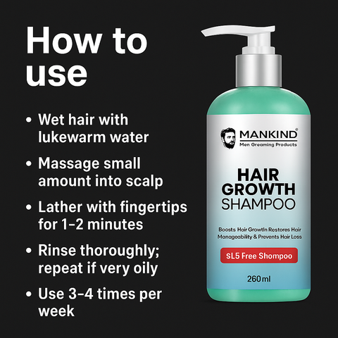Mankind shampoo bottle and usage steps