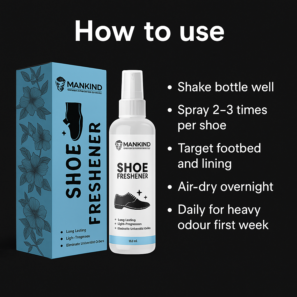 Mankind shoe freshener demonstrating spray application inside shoe