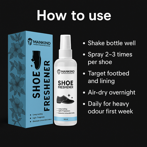 Mankind shoe freshener demonstrating spray application inside shoe