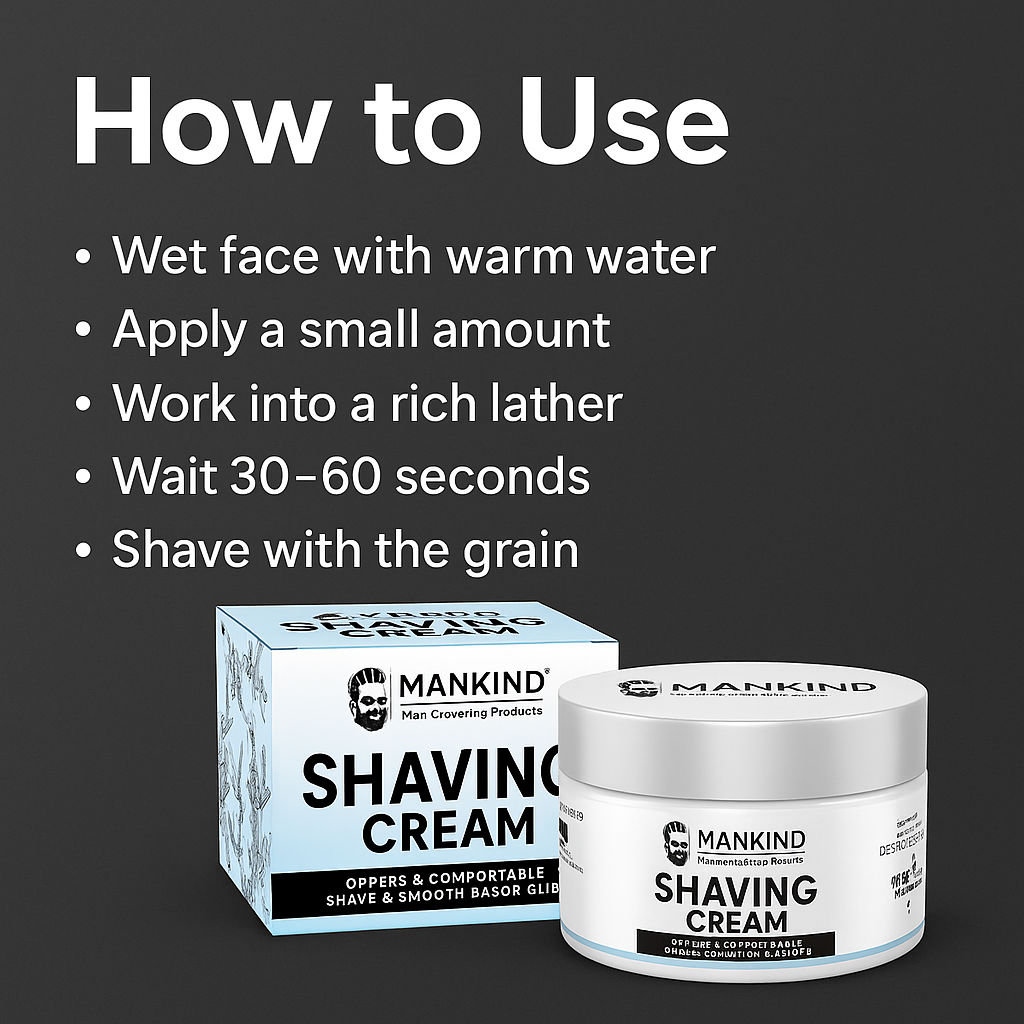 Mankind shaving cream tube and shaving brush showing usage