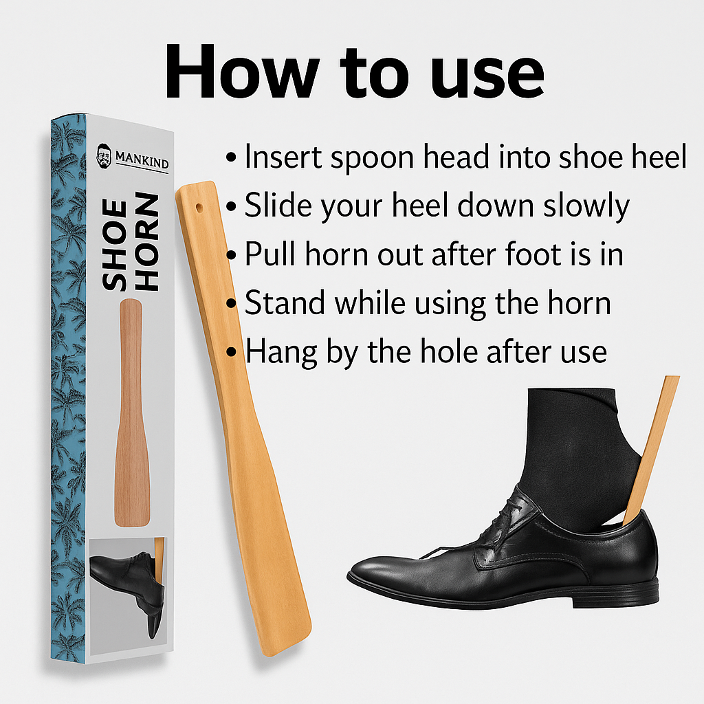 Mankind wooden shoe horn demonstrating correct use