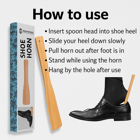 Mankind wooden shoe horn demonstrating correct use