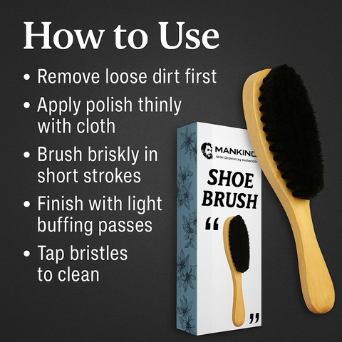 Mankind cedarwood shoe brush with bristles and ergonomic handle shown for use