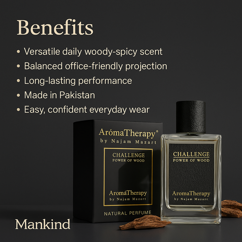Mankind Challenge perfume bottle highlighting benefits