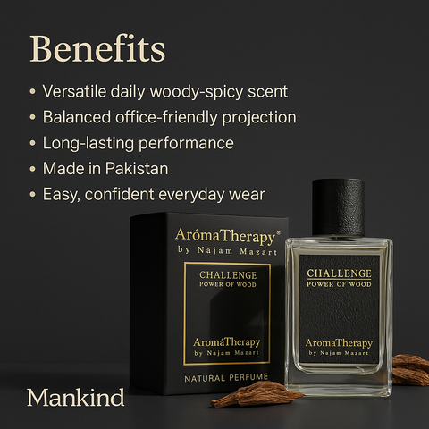 Mankind Challenge perfume bottle highlighting benefits