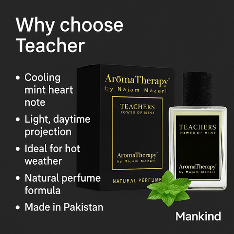 Mankind Teacher perfume bottle and mint leaf