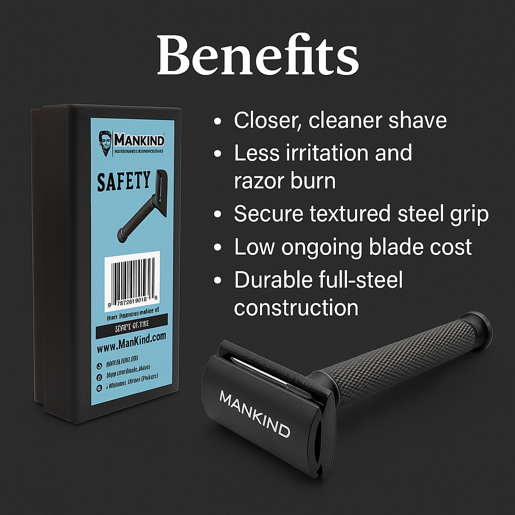 Mankind safety razor highlighting secure grip and close shave