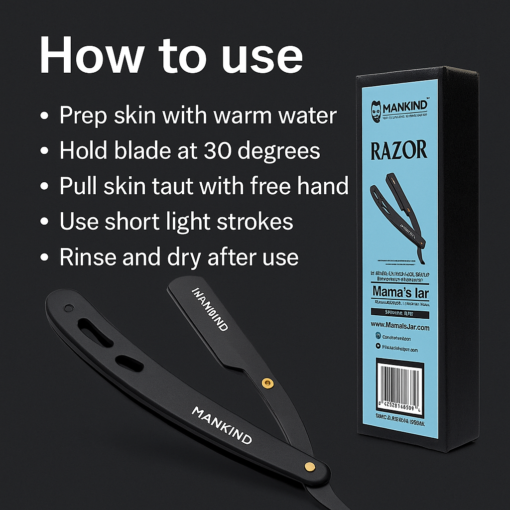 Mankind straight razor showing correct shaving angle
