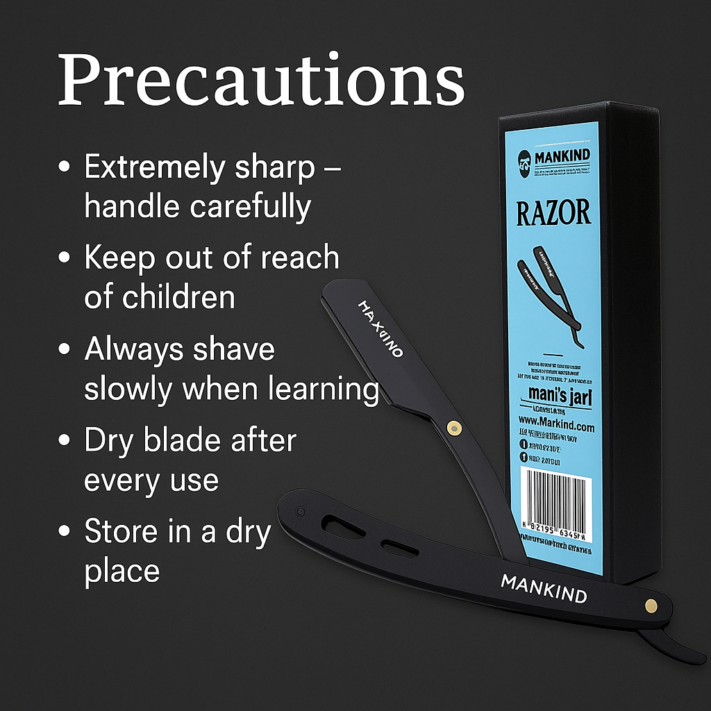 Mankind straight razor with safety precautions