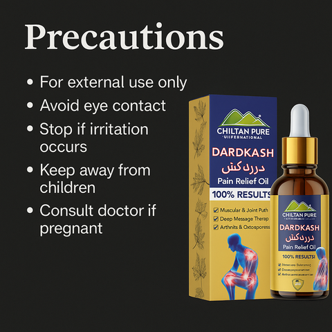 Safety precautions label on Mankind Dardkash oil