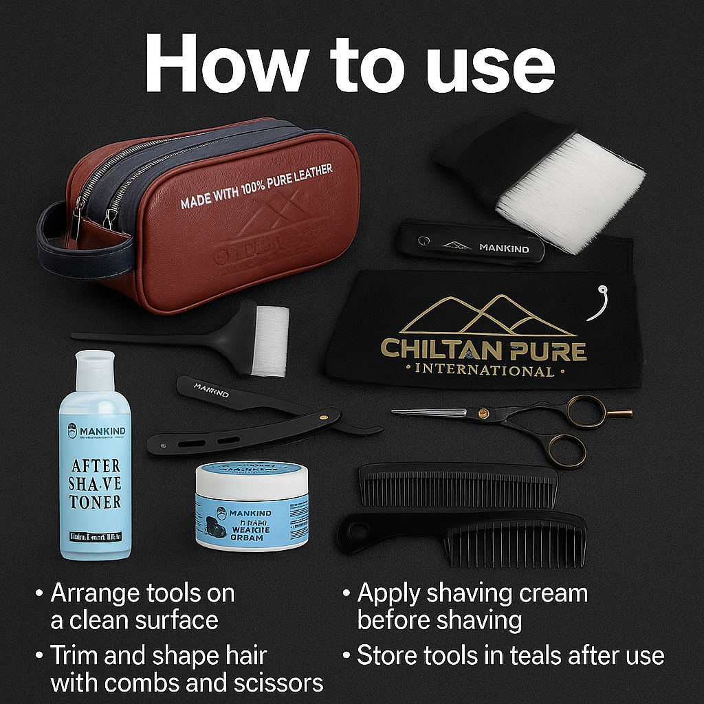 Mankind premium barber kit laid out with tools and leather bag