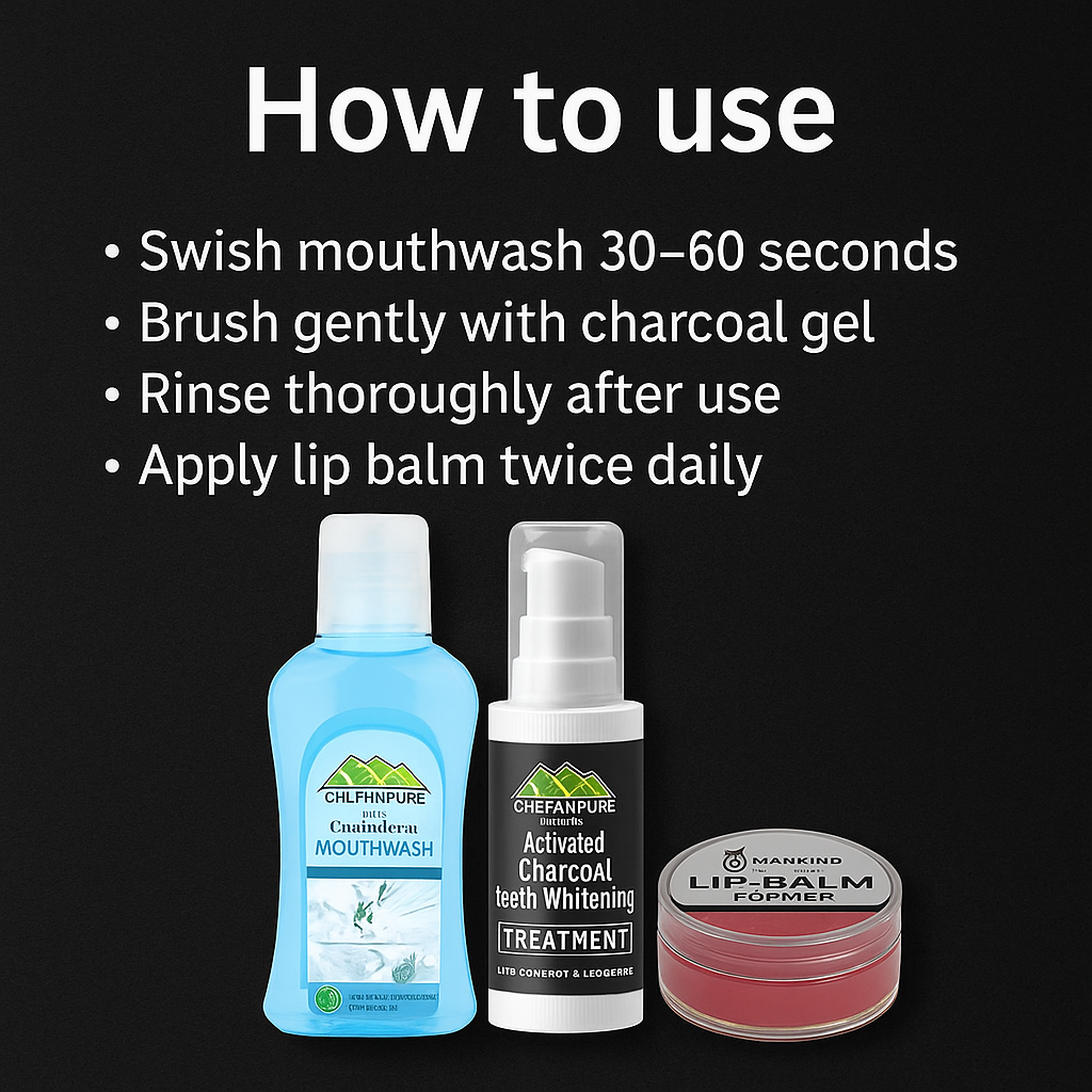 Mankind kit showing mouthwash, charcoal gel and lip balm with usage steps