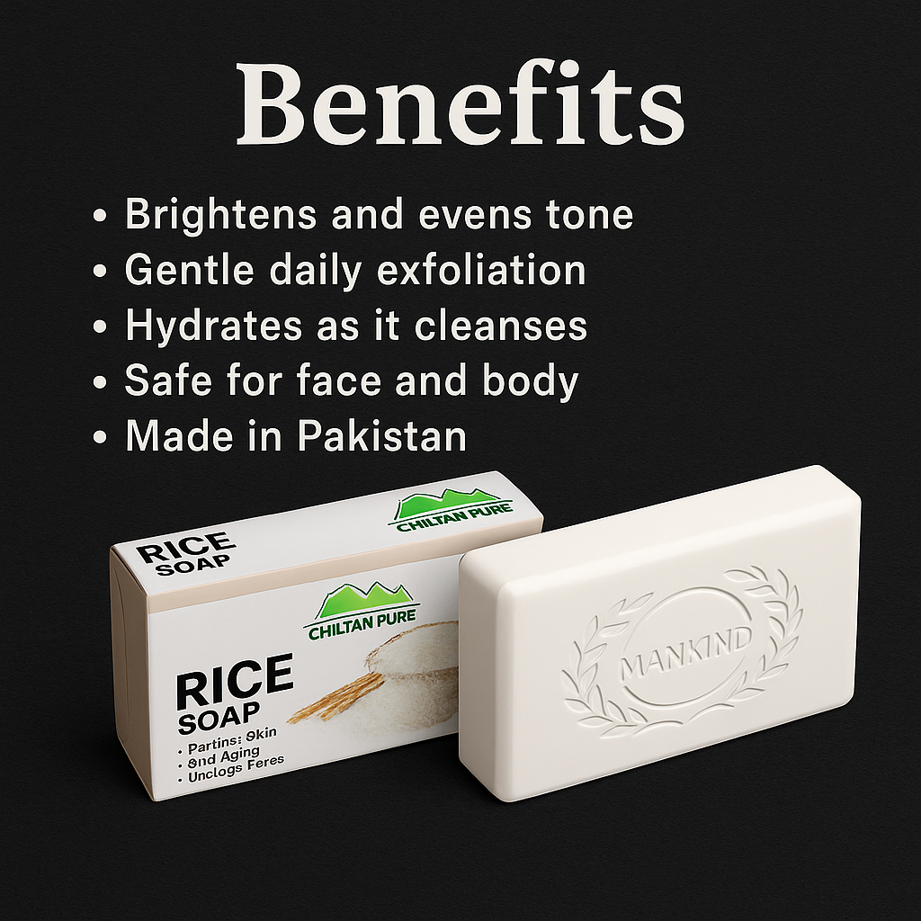 Mankind Rice Soap bar highlighting key benefits