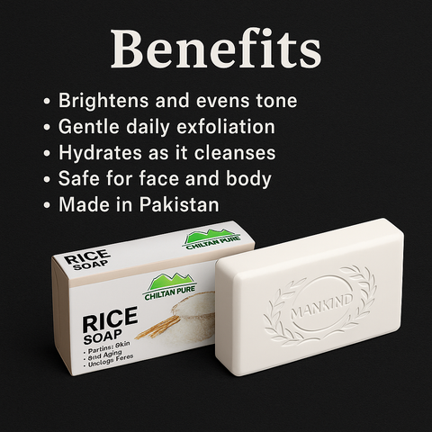 Mankind Rice Soap bar highlighting key benefits
