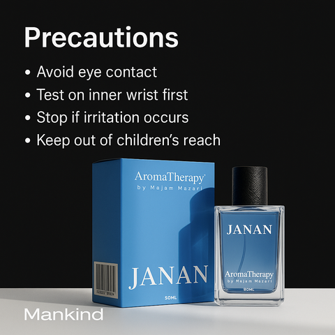 Mankind Janan perfume bottle and safety precautions