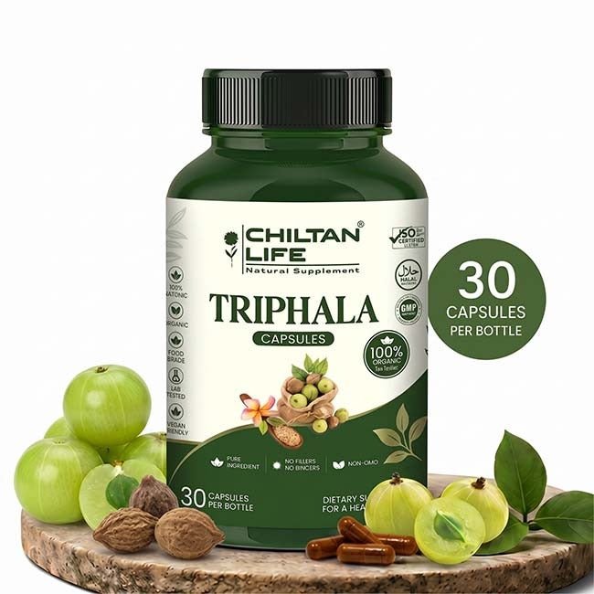 Mankind Triphala Capsules 500mg bottle showing label and tablets